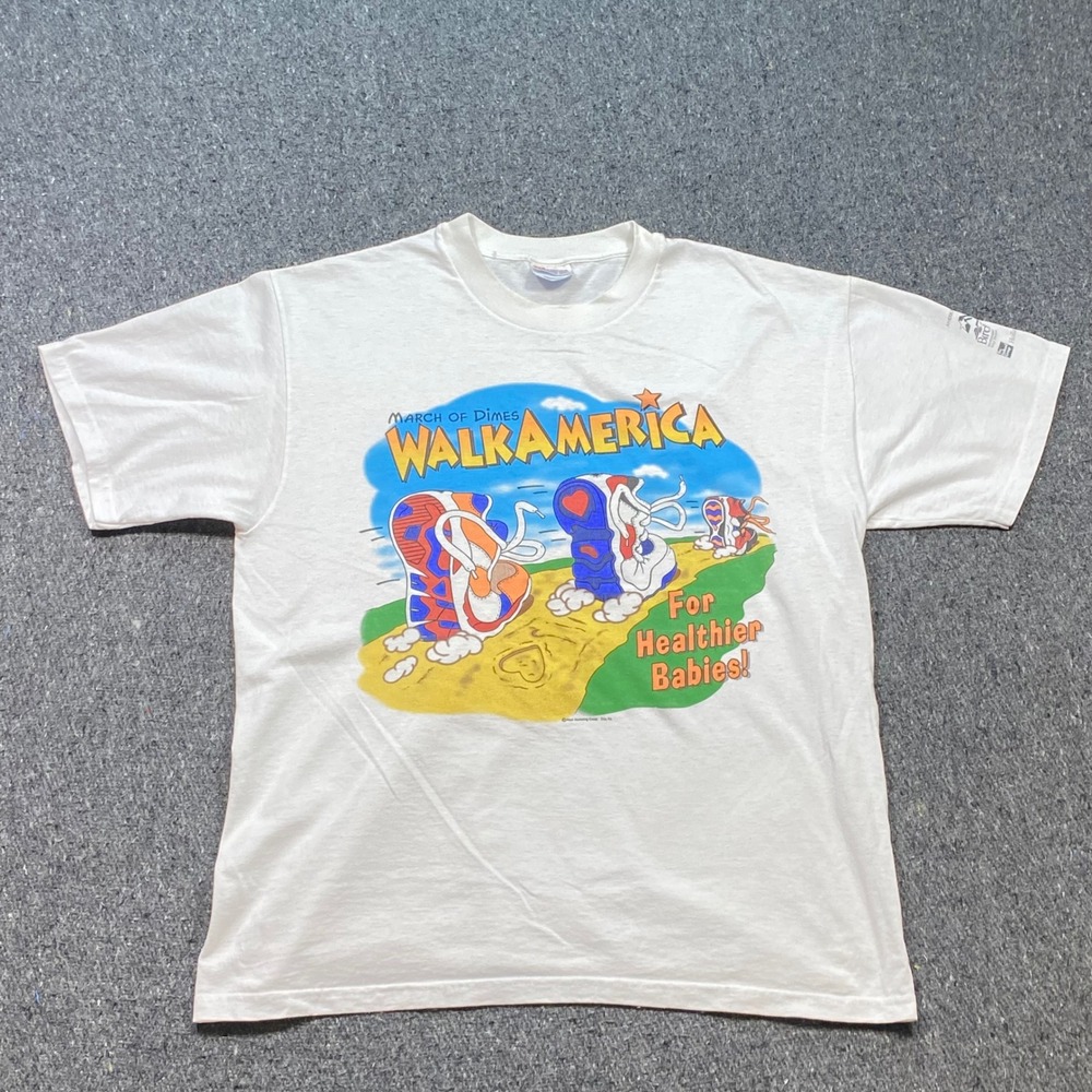 March of Dimes WalkAmerica Shirt Sz L Mens White 90s Vintage Graphic Charity Tee